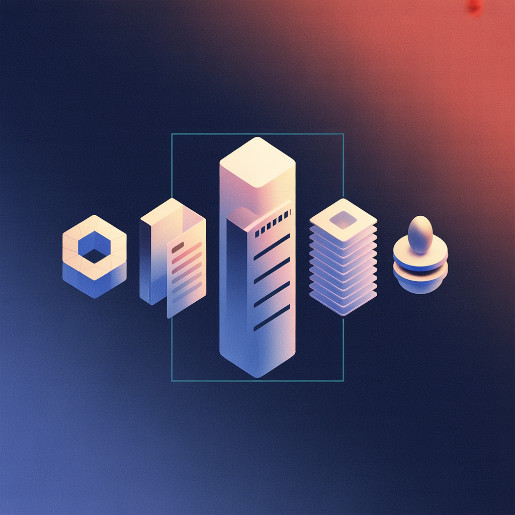 Five abstract tool glyphs arranged in a row on a dark background — a hexagonal sandbox shape, a document card, a terminal prompt block, a layered data stack, and a small orbiting agent node — connected by thin teal lines, geometric flat style, no text