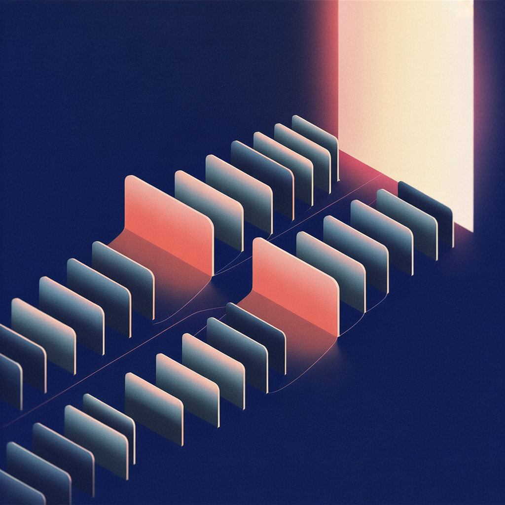 a wide field of small pale rectangular cards arranged in loose rows on a deep navy background, most rendered as flat muted outlines, two of them filled with a warm coral gradient and lifted slightly forward with soft shadows, thin light lines running from…