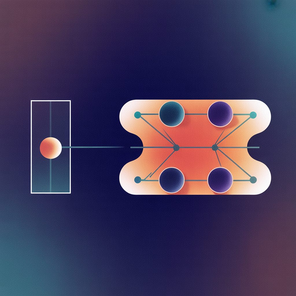 An abstract diagram contrasting two shapes: on the left a single dark rectangle with one small circular node attached to it; on the right a wide horizontal band with six circular nodes of two different colors arranged along it, thin teal lines crossing be…