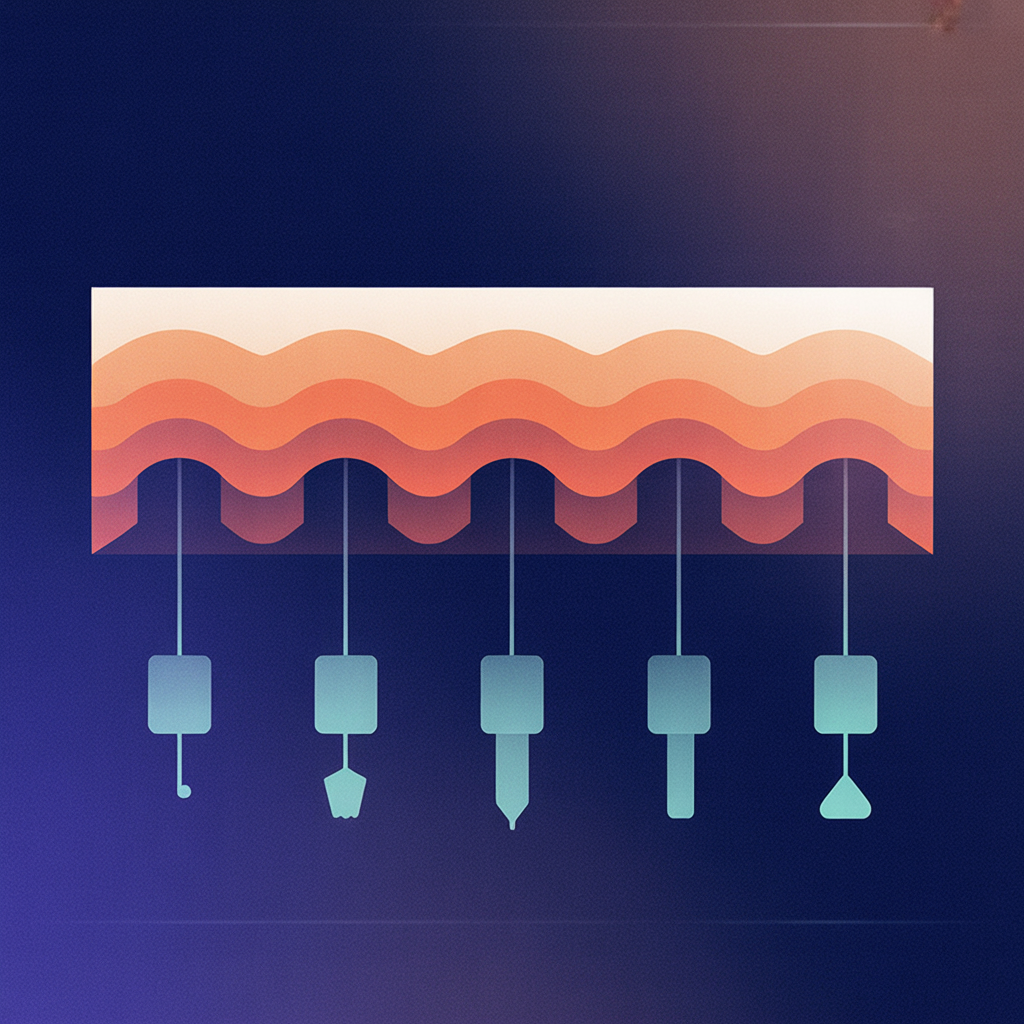 An inverted hierarchy diagram on a dark background — a wide row of five small abstract department glyphs across the top, each with a short teal connector dropping straight down into its own small tool shape, and beneath all of them one broad horizontal ba…