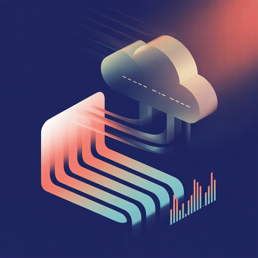 Isometric illustration of data flowing from a server node through curved streams to a bar chart, with an unused dashed arc connecting to a cloud above.