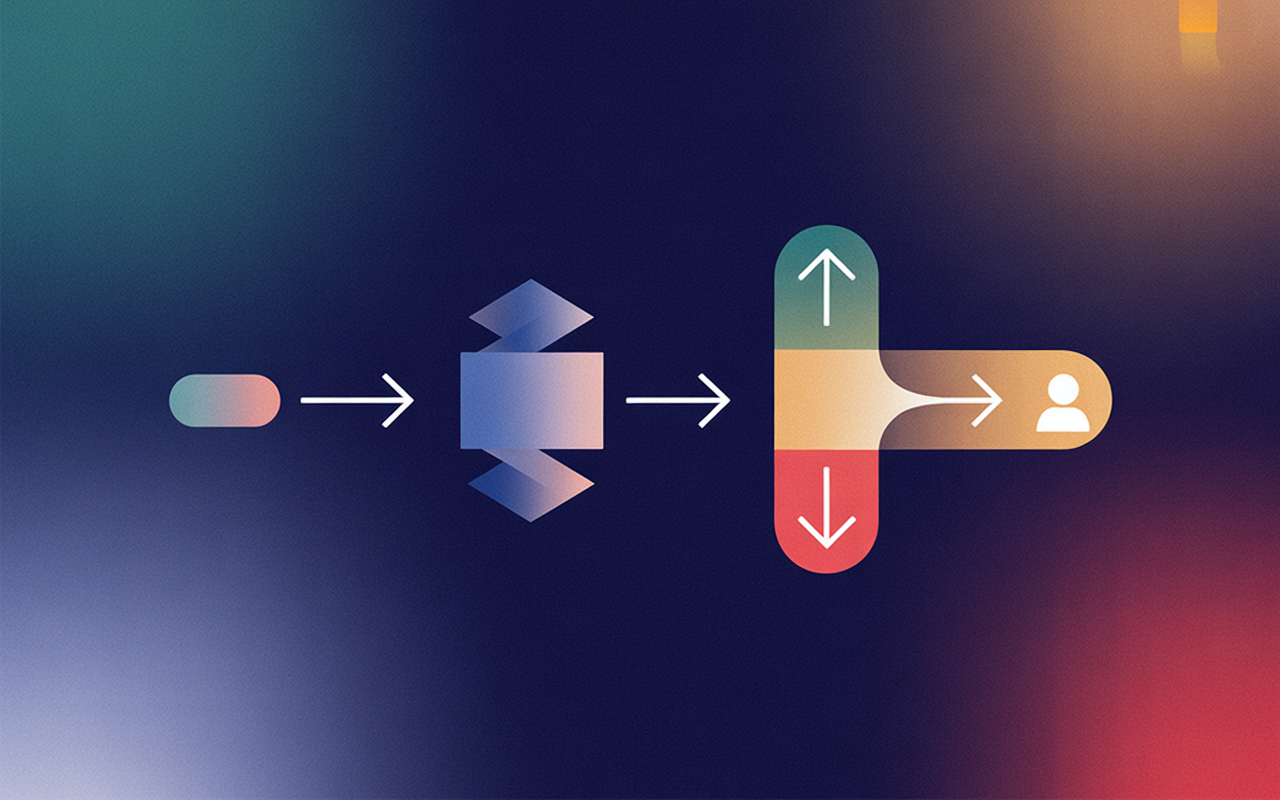 Flow diagram showing a prompt flowing through a processing stage that branches into three colored decision paths: up (green), down (red), and right (amber) leading to a user icon.