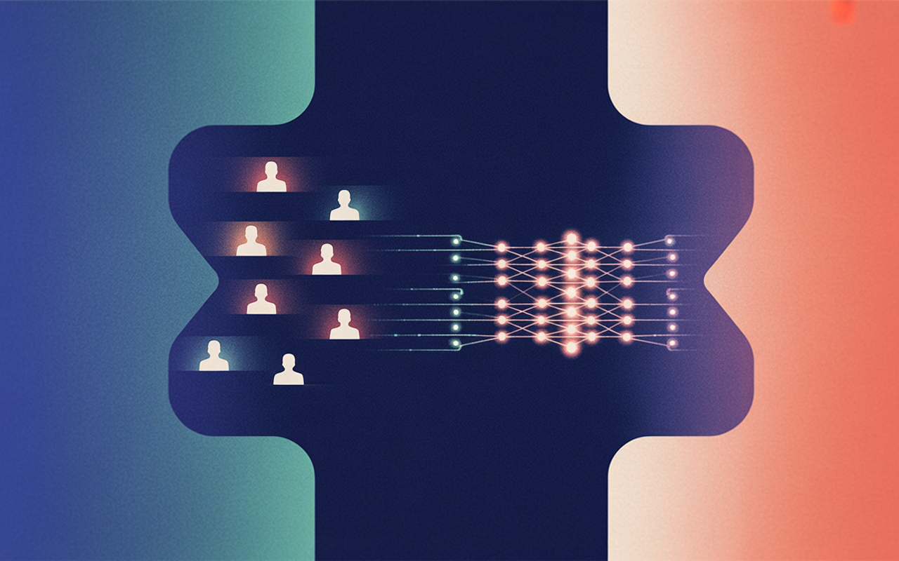 Illustration of user silhouettes on the left connected by glowing lines to a central network lattice on the right, symbolizing data aggregation.