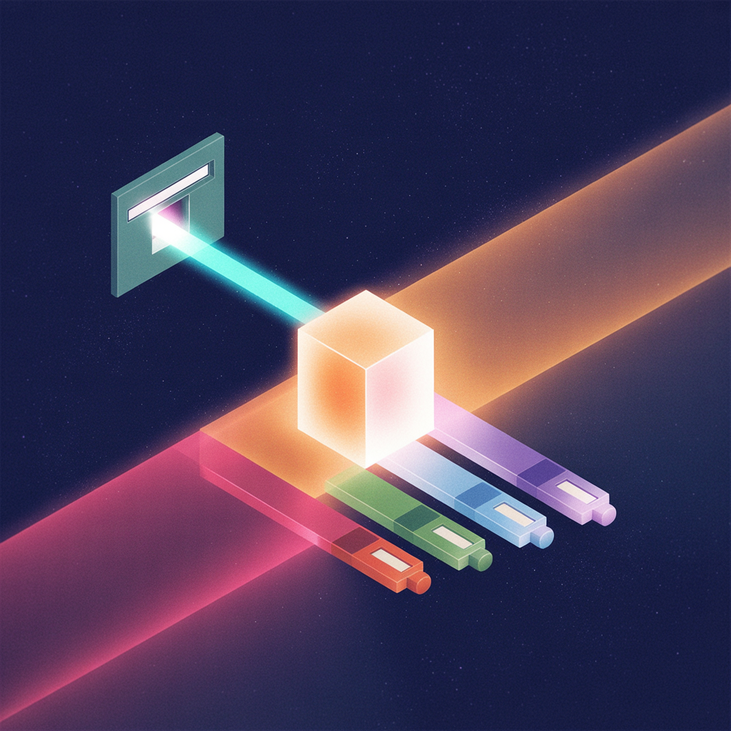 A dark starfield scene in flat pixel-art style: a single green terminal window on the left emits one bright cyan request beam into a small hexagonal router node at center, which fa