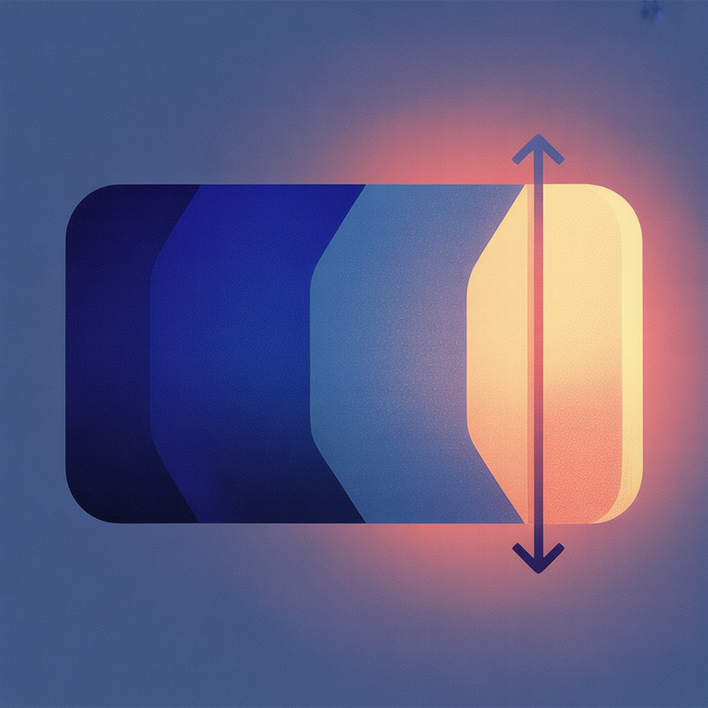 Illustration of a horizontal bar with gradient segments from dark blue to amber, with a vertical measurement line and arrows indicating scale or comparison.