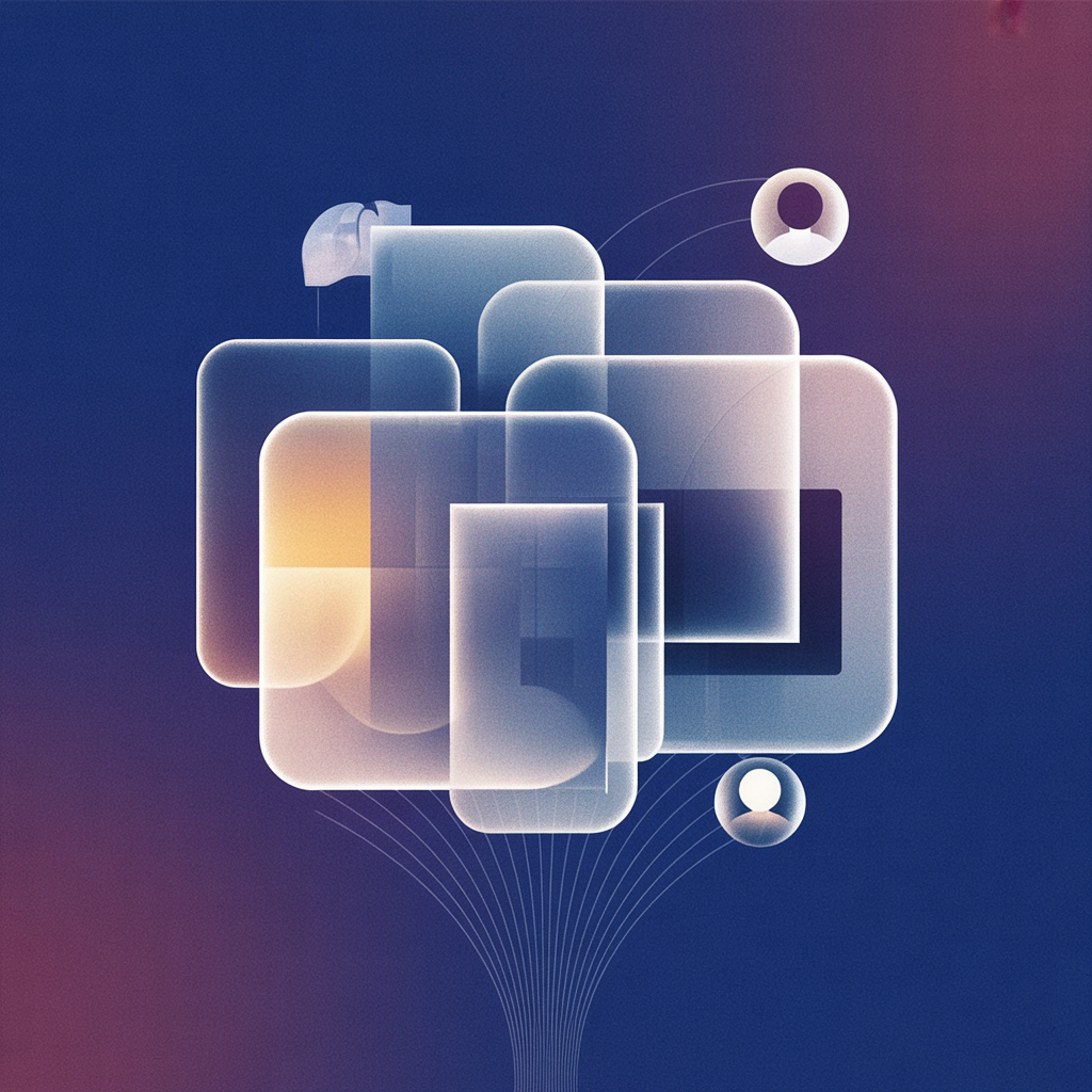 Abstract illustration of layered design canvases connected by lines to a central hub, representing a designer with data, customer conversations, and decisions all within reach