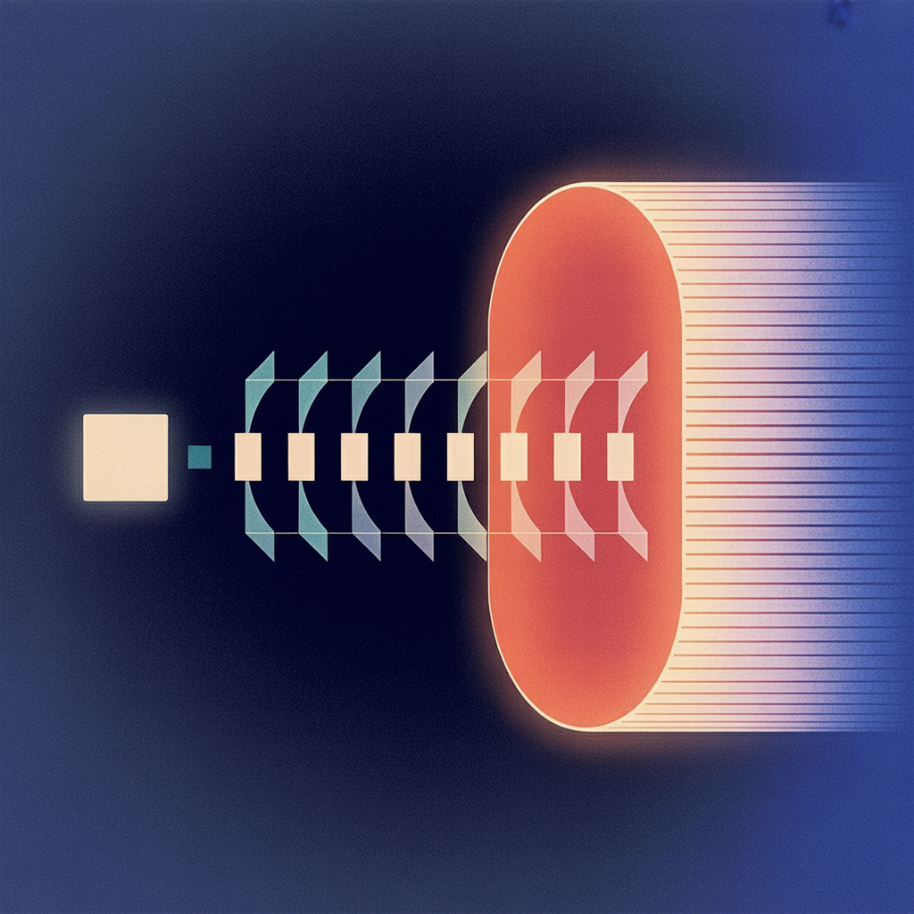 IMAGE: A dark canvas with a small square node on the left emitting a horizontal sequence of eight tiny uniform frame-shaped rectangles in soft white, each connected by thin 1.5px teal arrows; the sequence feeds into a larger rounded rectangle on the right filled with stacked thin horizontal lines suggesting a log. Minimal, geometric, no words.