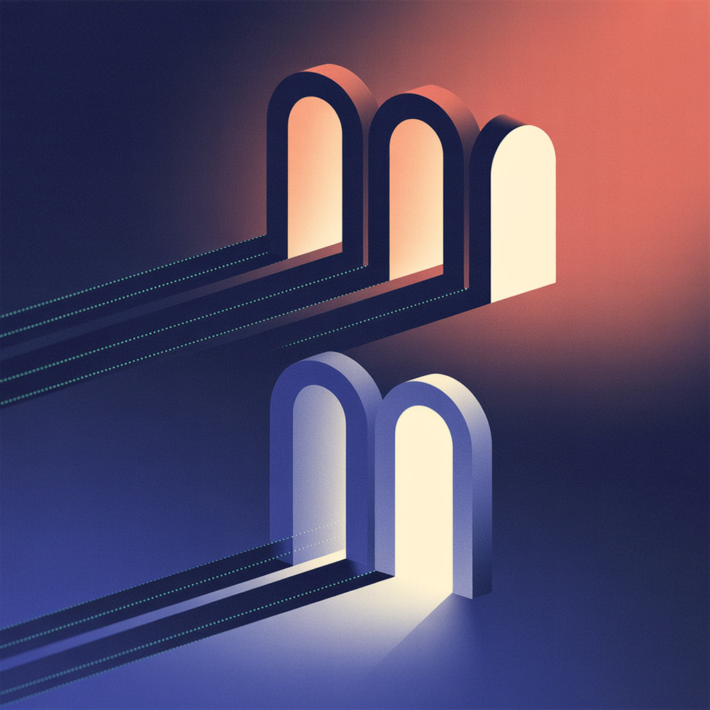 IMAGE: Two parallel routes running left to right on a dark background toward a single glowing rounded rectangle on the right. The upper route is a thin dotted teal line passing through three narrowing gate shapes that progressively dim it. The lower route is a solid thicker teal line passing through a single open gate, arriving bright. Minimal geometric shapes, no text.