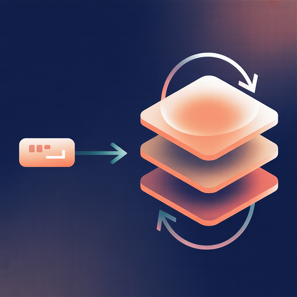 A small program icon with an arrow pointing to a stacked layers diagram, with a circular arrow suggesting a recurring cycle.