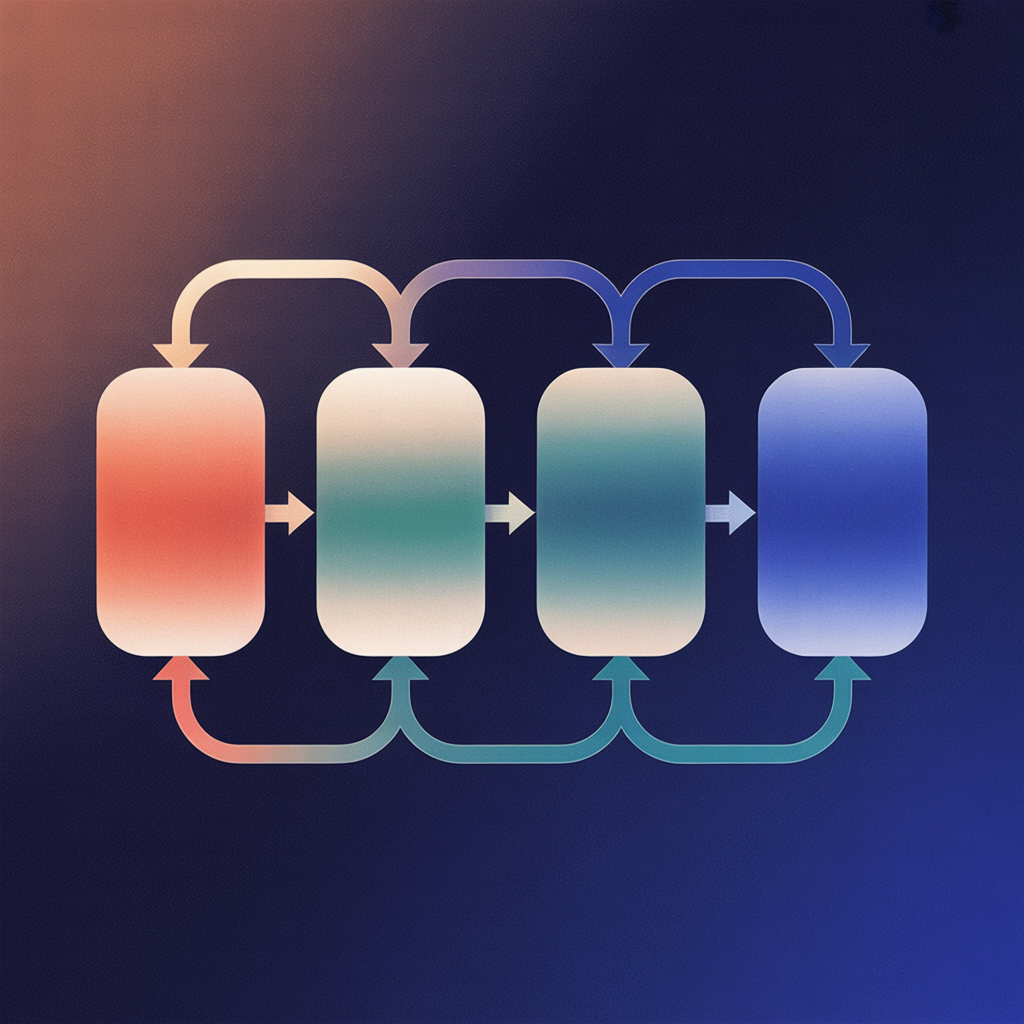 IMAGE: A left-to-right pipeline of four rounded rectangular nodes on a dark background, connected by thin 1.5px teal arrows, with the second and third nodes tinted teal and a small circular loop-back arrow from the fourth node to the second. Minimal, geometric, no text.