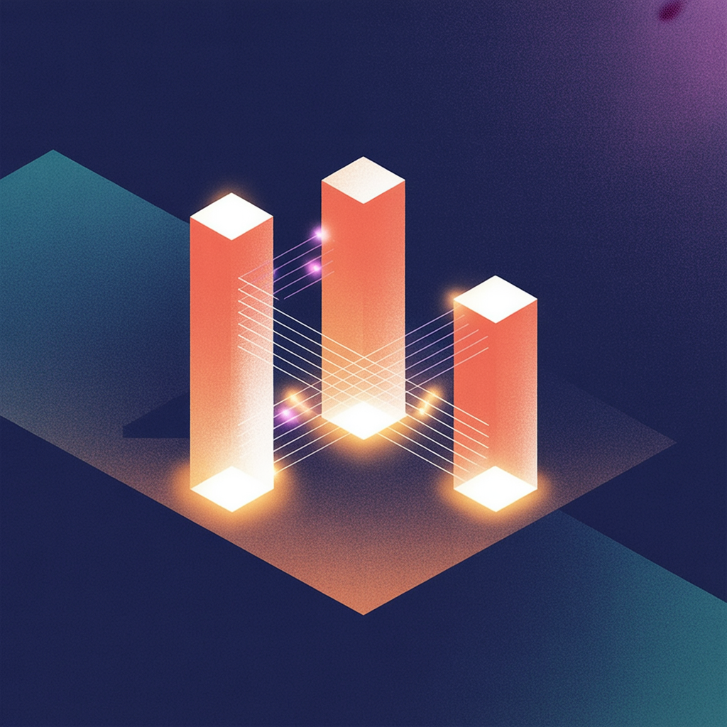 Isometric illustration of three glowing luminous columns of varying heights on a dark stage with crossing light signals interfering in the center.