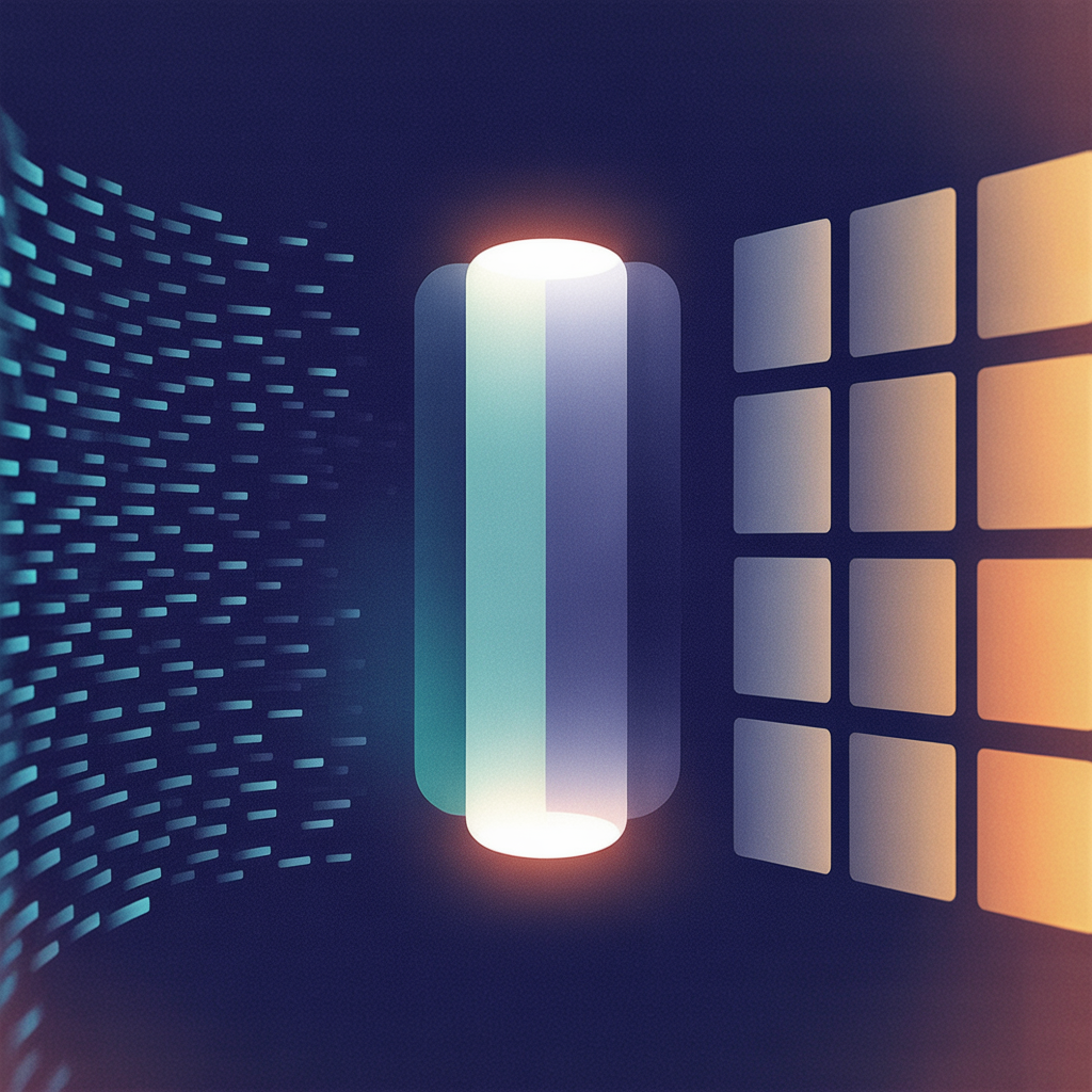 Glowing vertical gateway between a swarm of teal nodes on the left and an orderly grid of service blocks on the right.