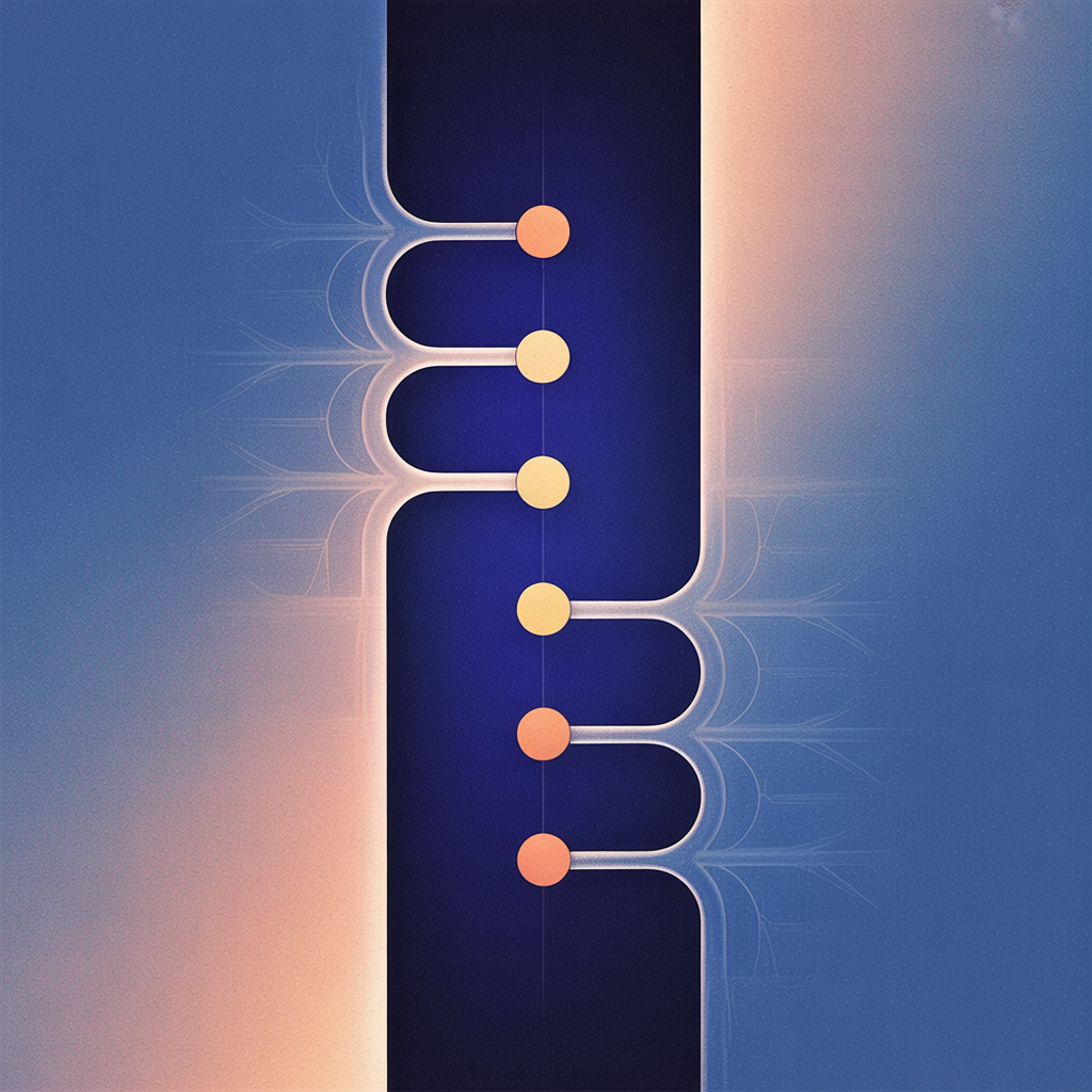 Abstract diagram showing a central dark blue vertical channel with six colored nodes connected by curved lines branching outward and reconnecting.