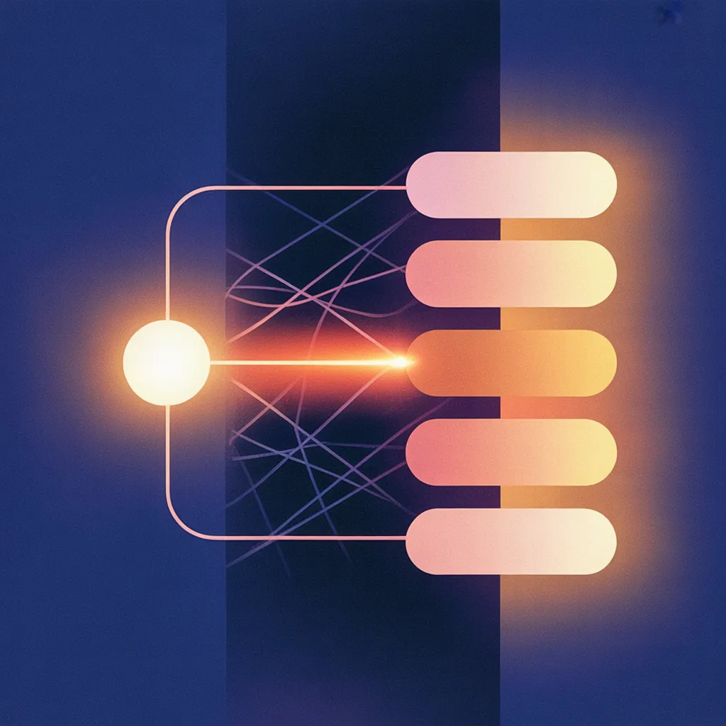 Diagram showing a glowing central node on the left connected by a bright path to five output nodes on the right, with tangled lines faded in the background.