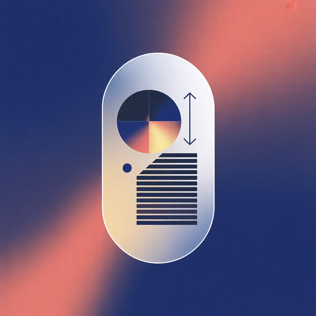 Abstract illustration of overlapping circular pie charts inside a rounded frame with horizontal bar elements and an upward arrow, on an indigo-to-coral gradient background.