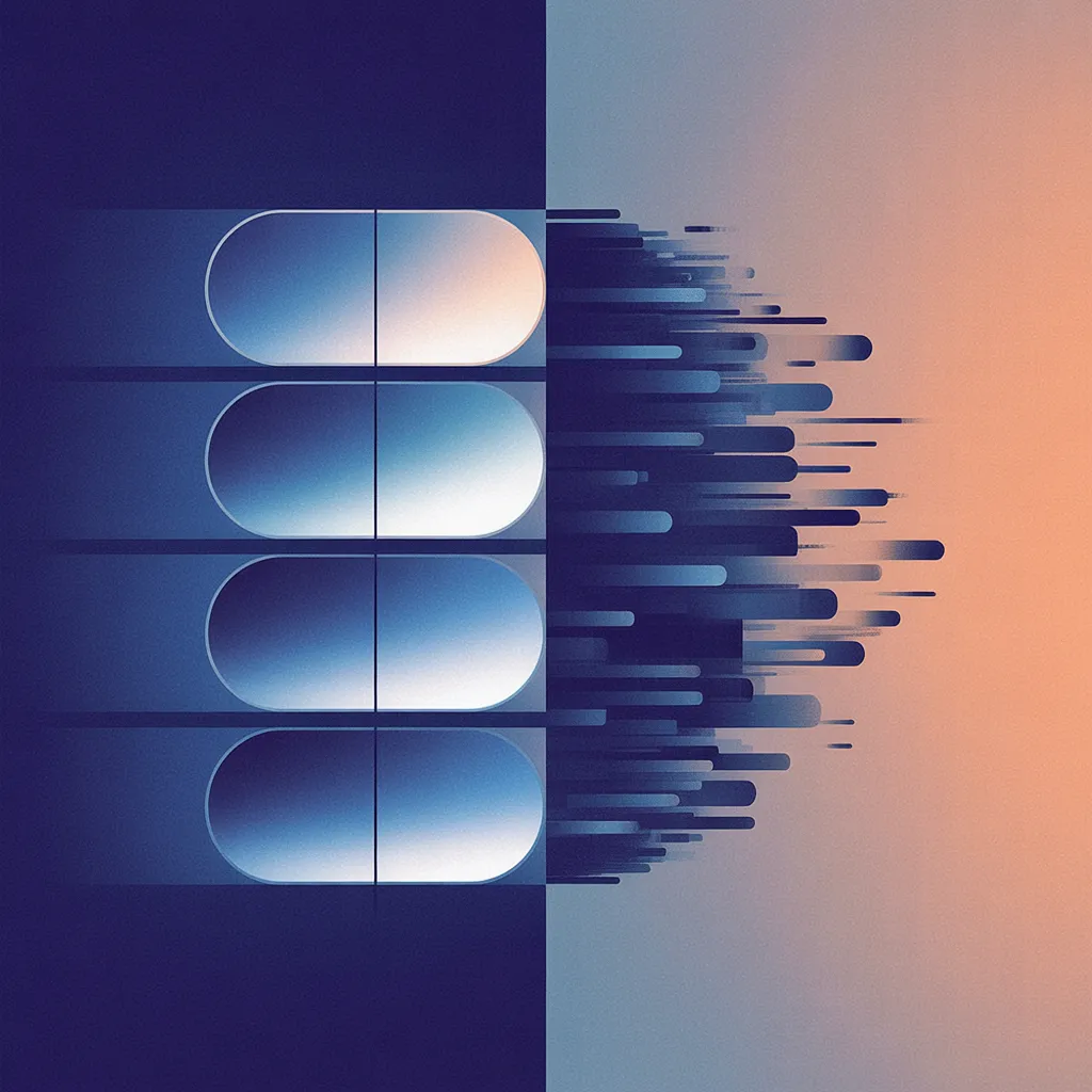 Four stacked rounded rectangles on the left connected by a line to scattered rectangular shapes fragmenting outward on the right, against a blue-to-amber gradient background.