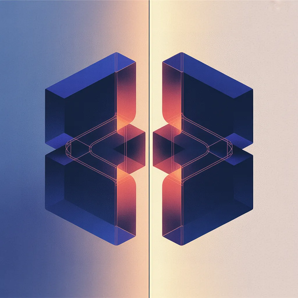 Two mirrored abstract geometric forms in deep blue with glowing red and amber centers, connected by a wireframe bridge, split down the middle by a vertical seam.