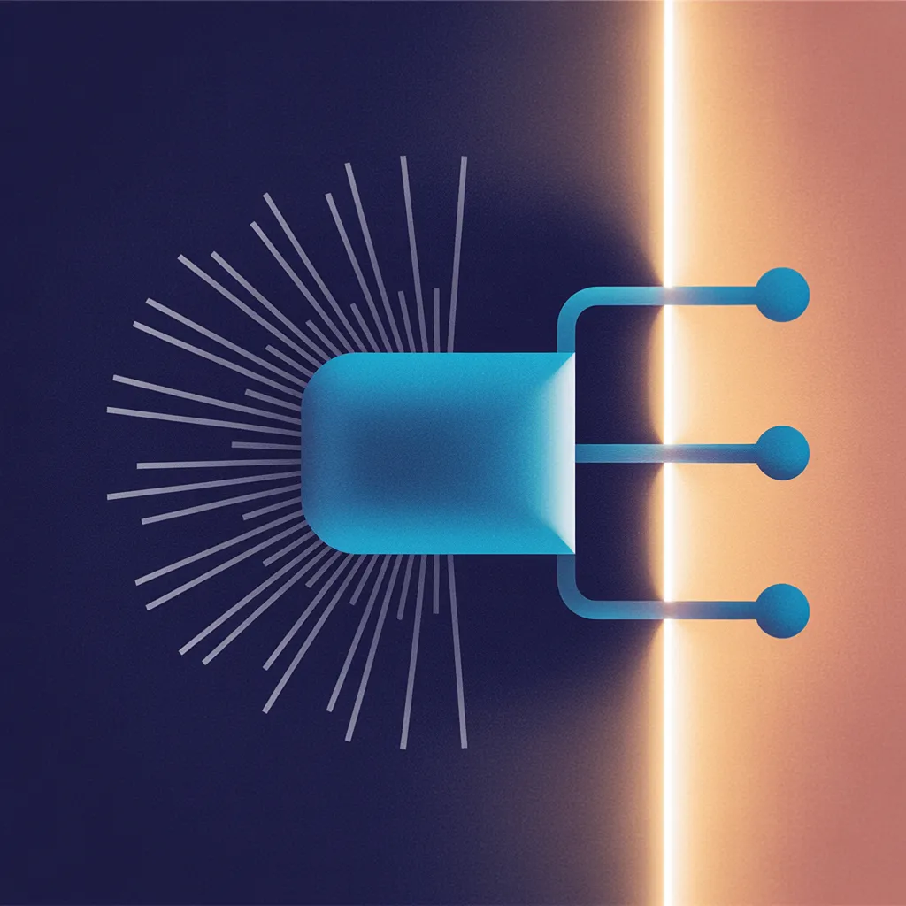 Stylized illustration of a teal container with radiating lines crossing an amber divider to three connected nodes on a navy background.