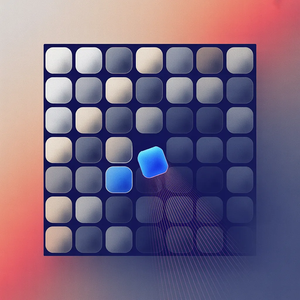 Grid of rounded square avatar placeholders with one blue icon selected and pulled away, connected by fading lines.