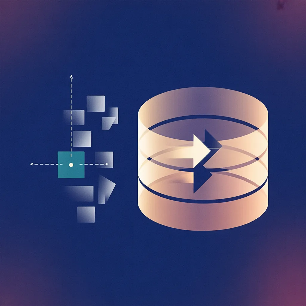 Diagram comparing two data architectures: left shows scattered boxes with arrows radiating from a teal hub; right shows a unified database cylinder with nested layers flowing into