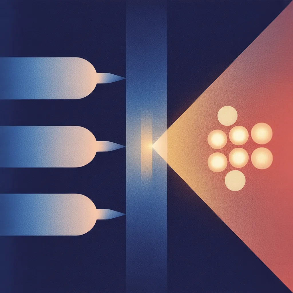 Three blue inputs merge into a central channel that broadcasts outward to multiple light outputs, symbolizing data aggregation and distribution.