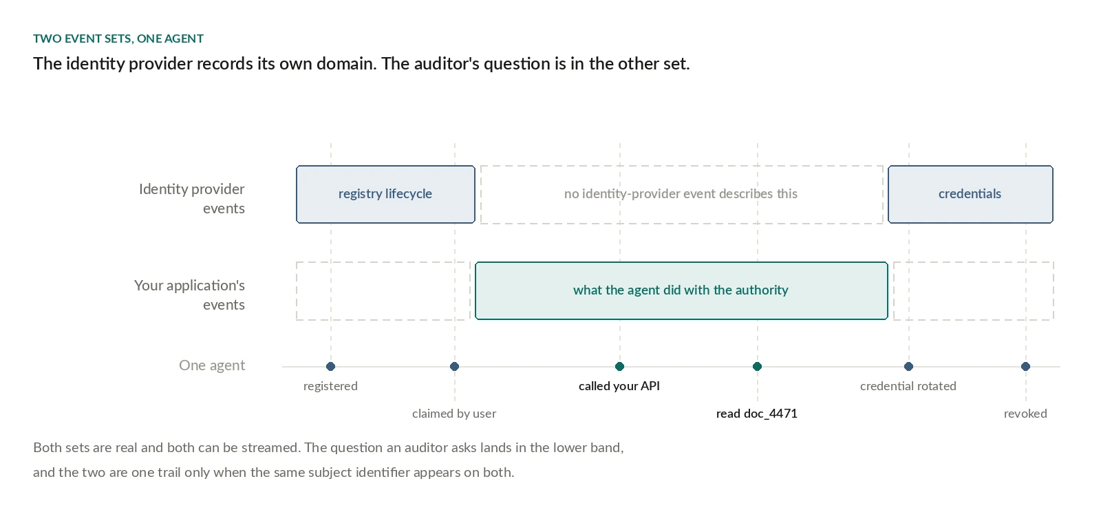 One agent's lifetime shown as a timeline with six events: registered, claimed by user, called your API, read doc_4471, credential rotated, revoked. Above it, a band showing identity provider events covers the registry lifecycle at the start and credentials at the end, with a labelled gap across the middle reading "no identity-provider event describes this". Below it, a band showing your application's events covers exactly that middle span.