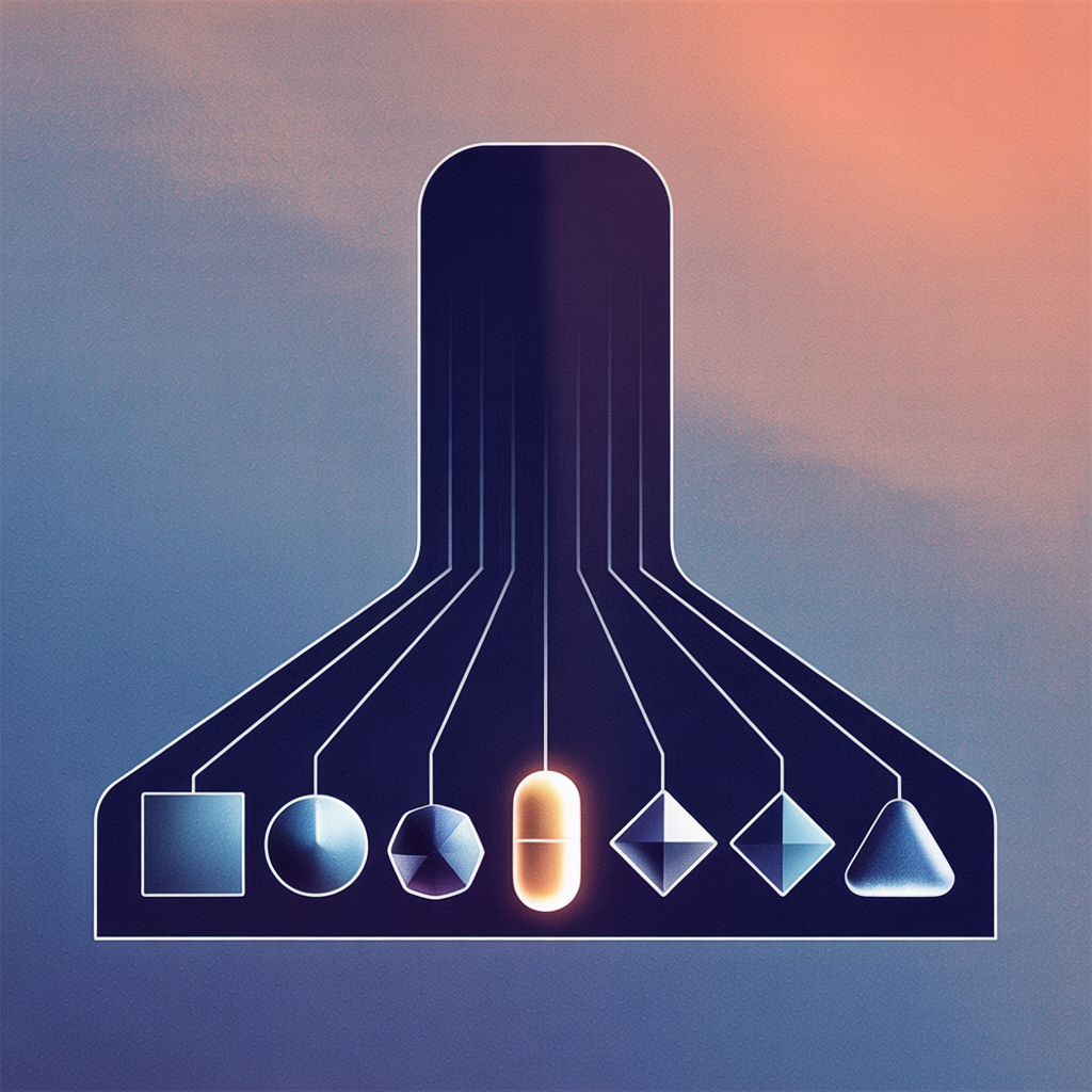 A single tall rounded rectangle at top center in deep navy, with six thin directional lines fanning downward to six differently shaped nodes arranged in a row — square, circle, hexagon, pill, diamond, rounded triangle — rendered in varying cool blues and…