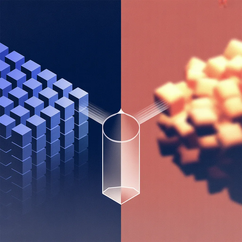 Two contrasting materials feeding one system: a rigid lattice of identical blocks on one side, a diffuse cloud of shifting particles on the other, both flowing into a single container.