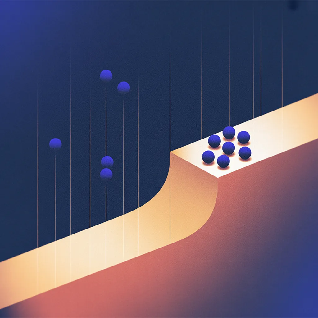 A rising band with five points above it: widely spread apart on the left, tightly clustered on the right as the band rises, showing the gap between individual performers shrinking as the baseline climbs.