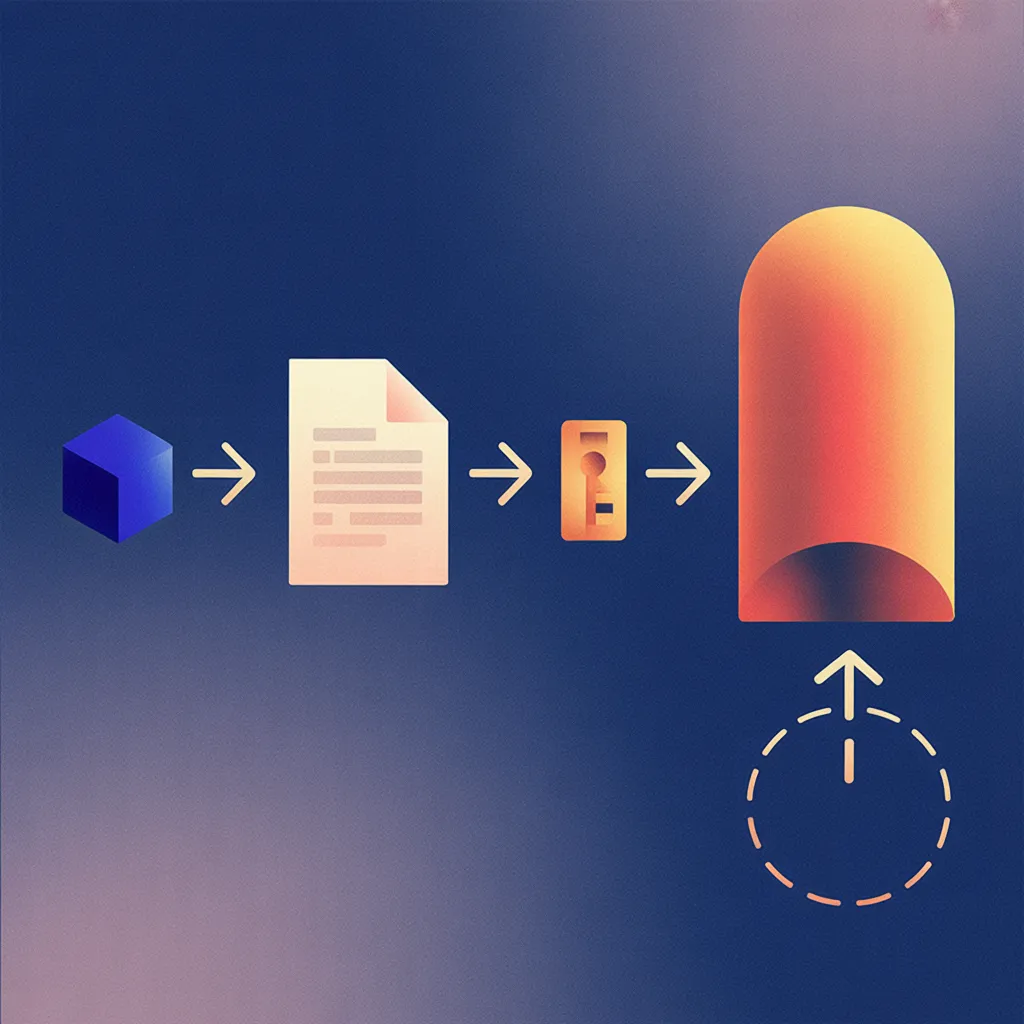 Four-stage left-to-right flow: an agent reaches a published registration document, receives a credential, then ships a deployed integration, with a dashed placeholder below the final stage marking the human owner who arrives afterward.