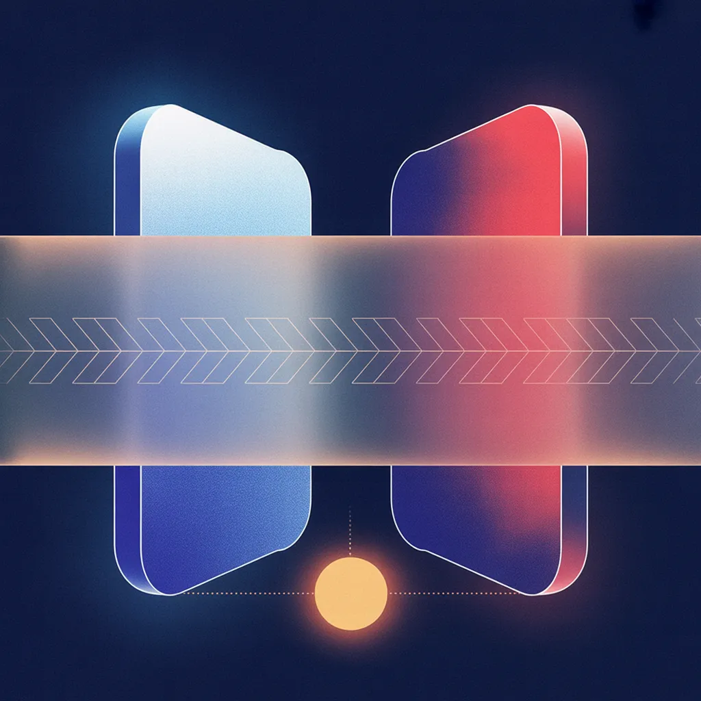 Abstract illustration of two colored rounded rectangles connected by a band with directional arrows, with a frosted panel overlay and glowing amber sphere below.