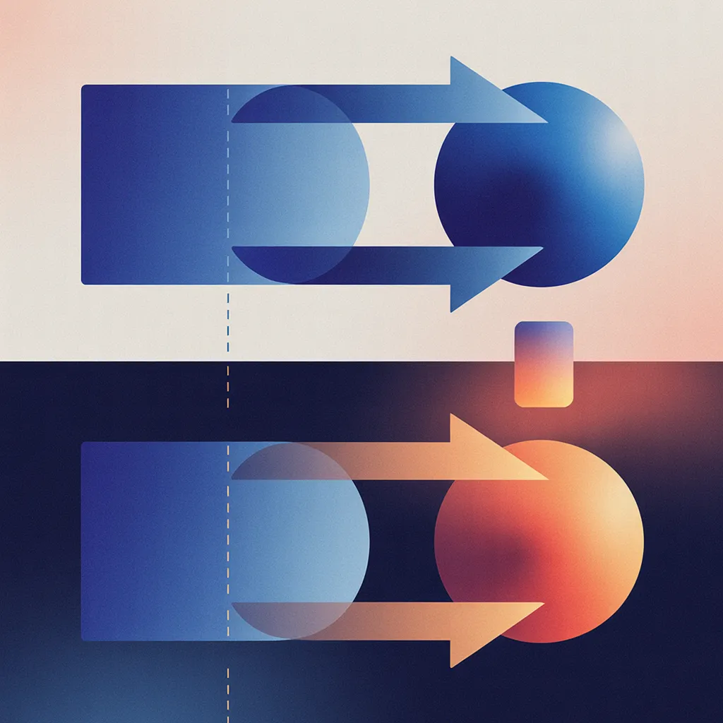 Diagram comparing two data flow patterns: blue cycle showing bidirectional exchange between a rectangle and circle, and warm orange flow showing the same shapes plus a separate ele