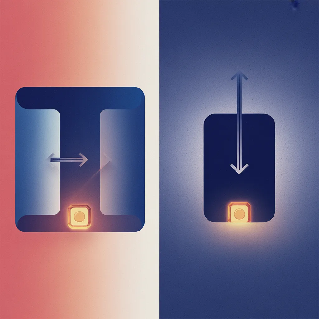Two side-by-side diagrams comparing data flow paths: left shows an indirect route through multiple steps with a glowing token at the end; right shows a direct path with the token a