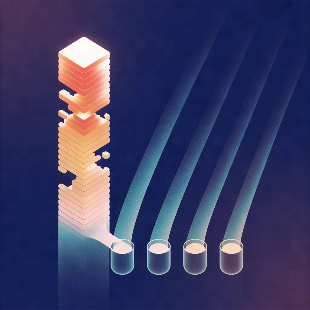 Isometric illustration of a stacked data tower distributing into four cylindrical containers through gradient streams of varying widths.