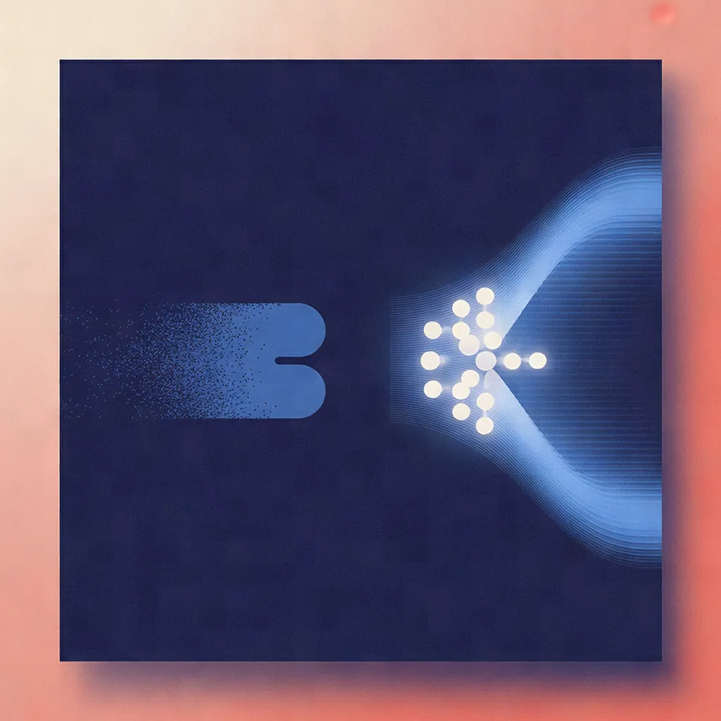 Abstract illustration showing a blue dissolving token shape on the left emitting particles, with a bright glowing light channel flowing right toward a cluster of luminous nodes.