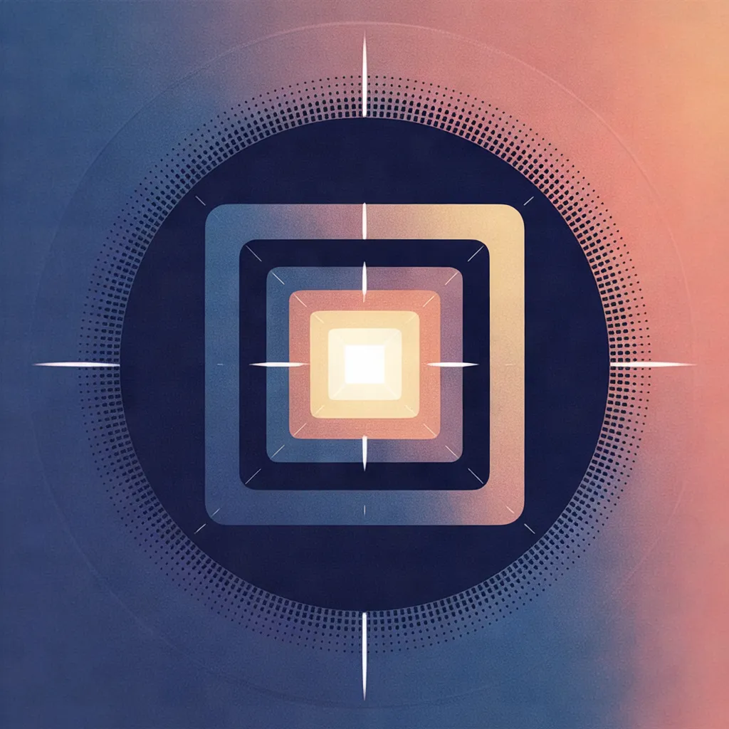 Concentric rounded squares with glowing center, centered cardinal direction gaps, dotted outer ring, deep blue to warm amber gradient background.