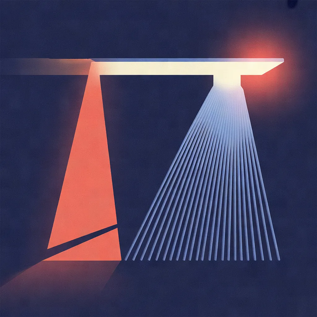 Geometric illustration showing a steep coral line and a fan of pale blue lines converging toward a bright coral light source on a dark navy background.