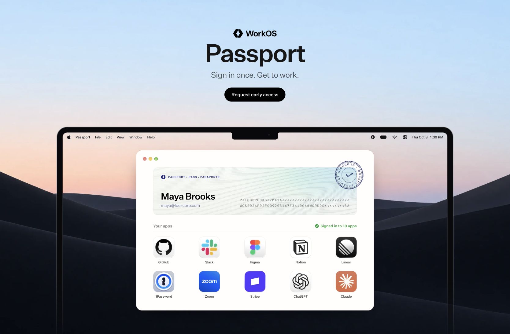 WorkOS Passport website showing one sign-in and connected work apps.