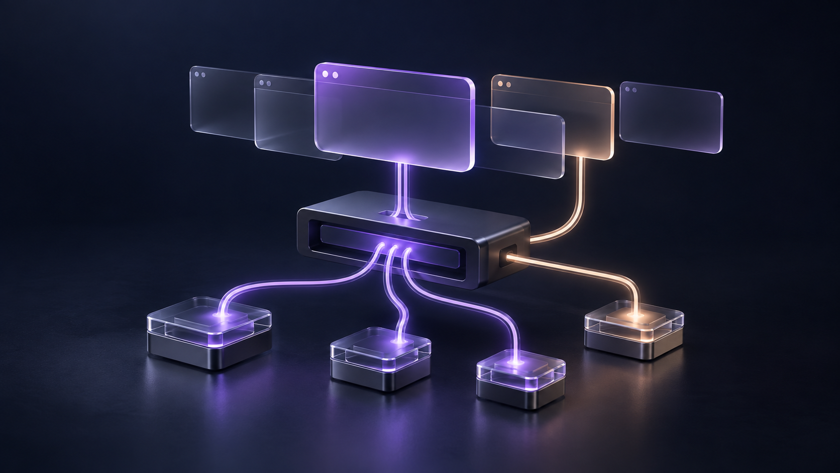 Translucent task windows connect through a central agent harness to reusable tools, with a second path representing computer use.