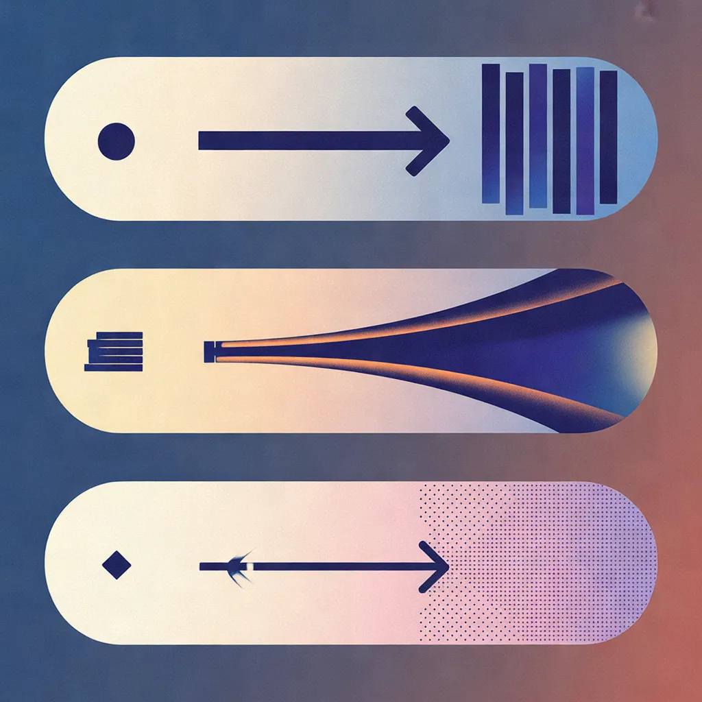 Three horizontal lanes showing arrows progressing through different visual patterns: vertical bars, curved expanding shapes, and a dotted grid, on a blue-to-pink gradient backgroun