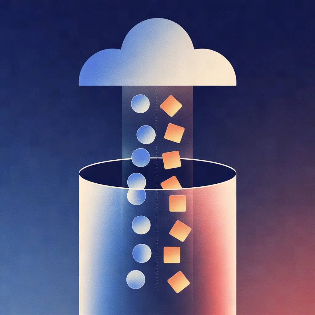 Diagram showing data flow from a cloud source through a channel into a container, splitting into two lanes with blue circles and amber squares representing different data types.