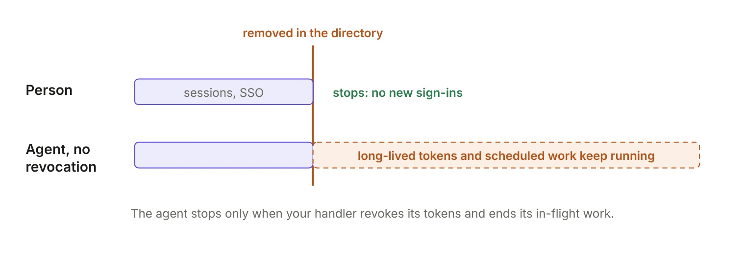 Timeline comparing what happens when an account is removed in the directory. For a person, sessions and SSO end at the removal line and no new sign-ins happen. For an agent whose access is not revoked, long-lived tokens and scheduled work keep running past the removal line until the handler revokes its tokens and ends its in-flight work.