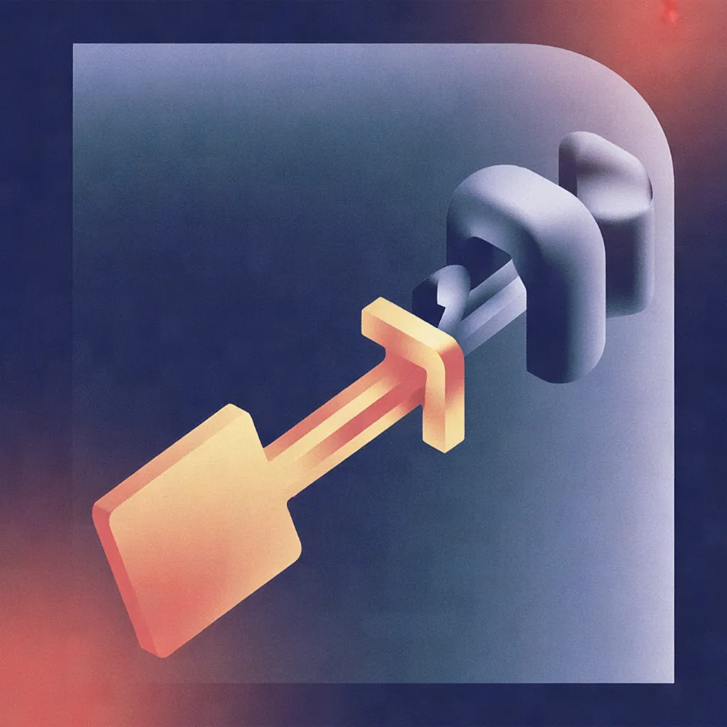 3D illustration of a golden key pointing toward a silver lock on a rounded panel, with a node connected by arrows suggesting data flow or security access.