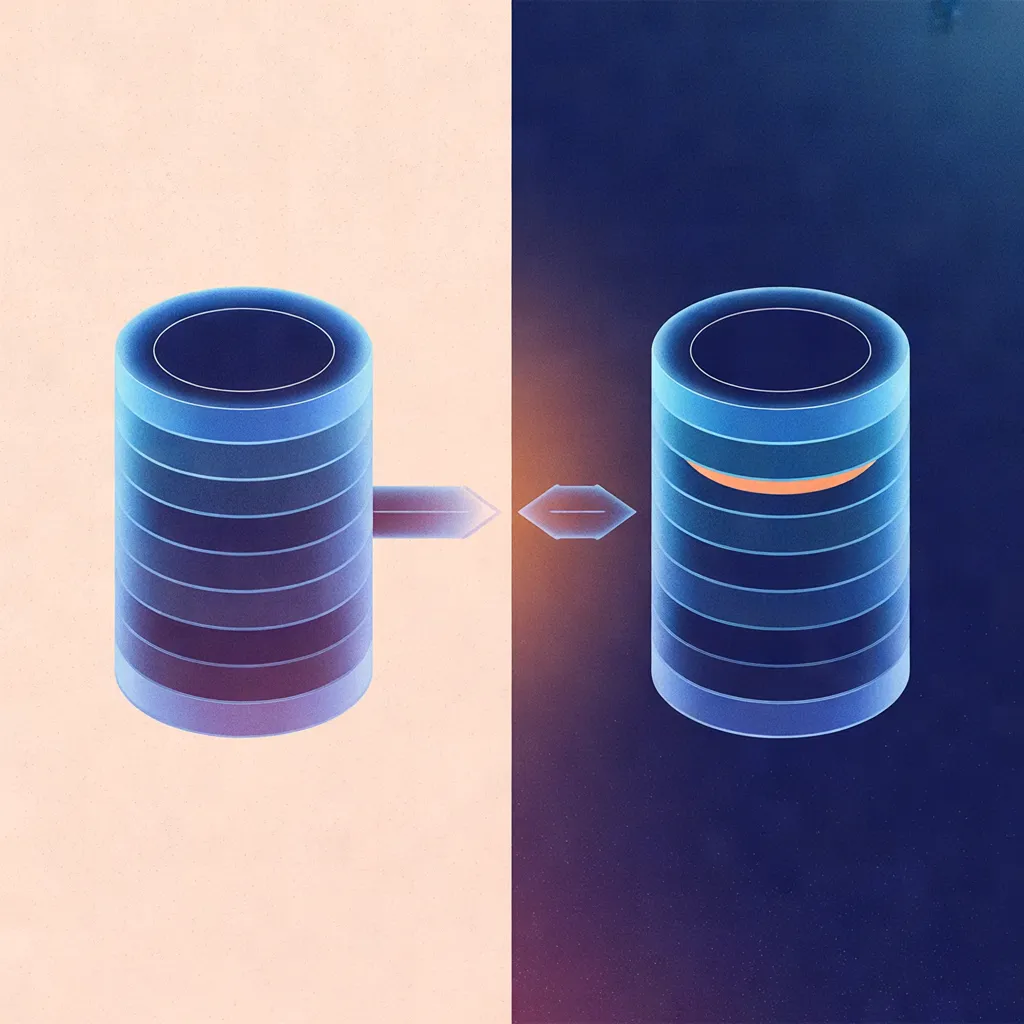 Two database cylinders connected by an arrow on the left; the arrow breaks on the right while data replicates inside the receiving database, shown with an orange accent band.