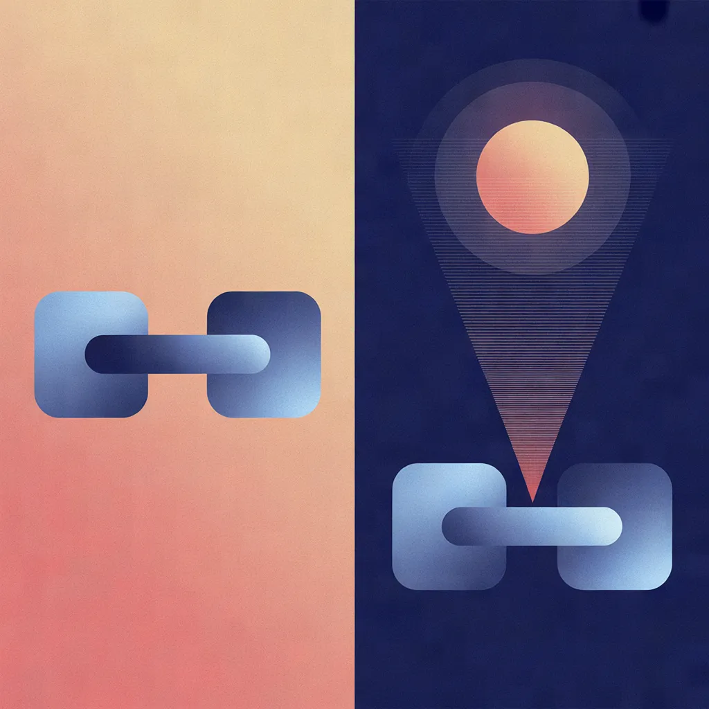 Abstract illustration comparing two connection models: left shows two linked squares unanchored, right shows the same squares with a circle above connected by lines and a funnel sh