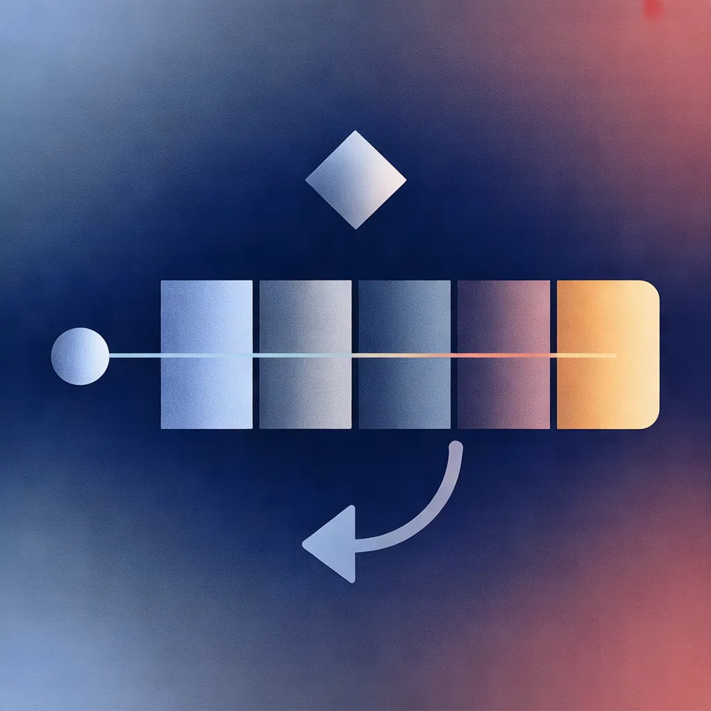 Diagram of a workflow process with five sequential steps flowing left to right, with a curved arrow looping from the fourth step back to a decision diamond above.