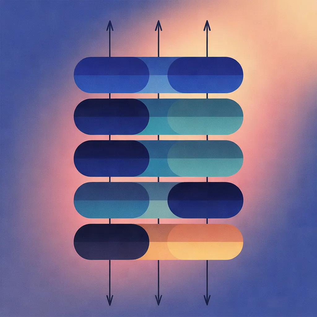Six stacked horizontal bars in deep blue, teal, and amber tones connected by vertical arrows flowing up and down.