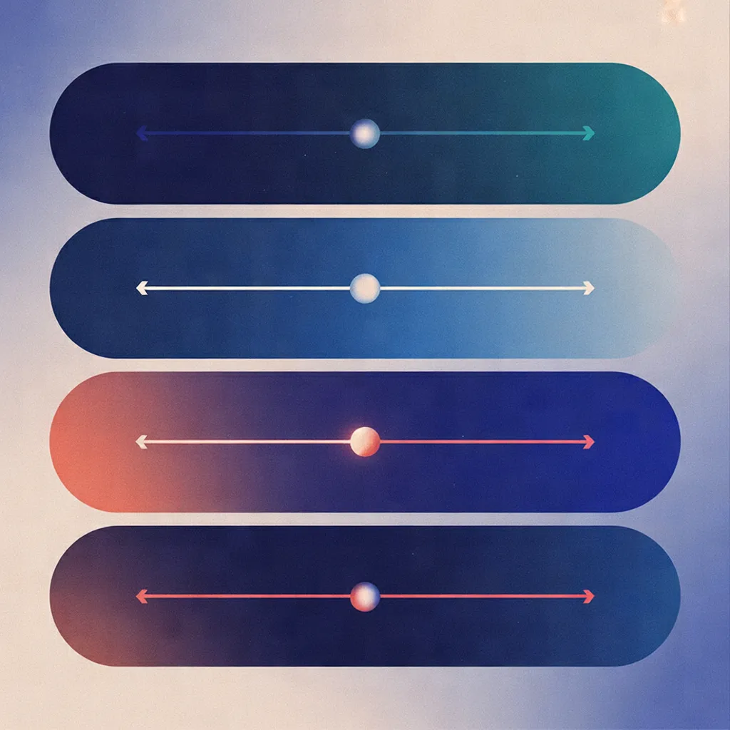 Four stacked rounded rectangles with gradient colors from teal to deep blue, each crossed by a horizontal line with arrows and circular nodes positioned along the line.