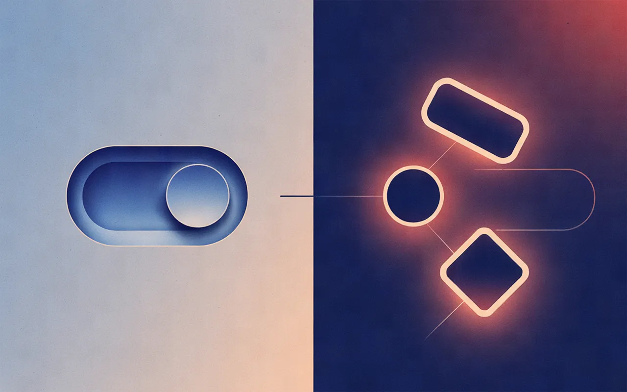 A two-part diagram: on the left a single toggle inside a user record, on the right three separate objects representing a session, a refresh token, and an API key, still active and only loosely linked back to the toggle