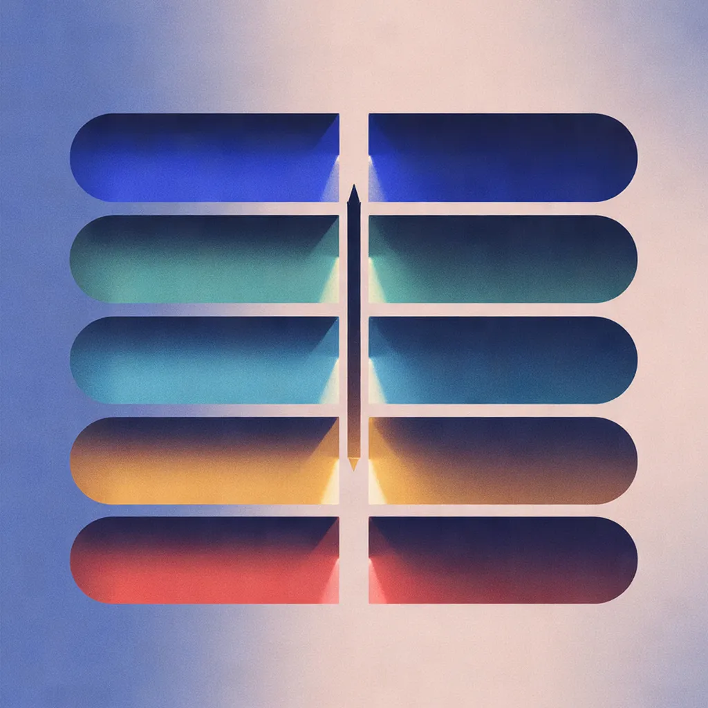 Five stacked horizontal bars in blue, teal, gold, and red tones, split vertically with a dark arrow piercing only the top bar.